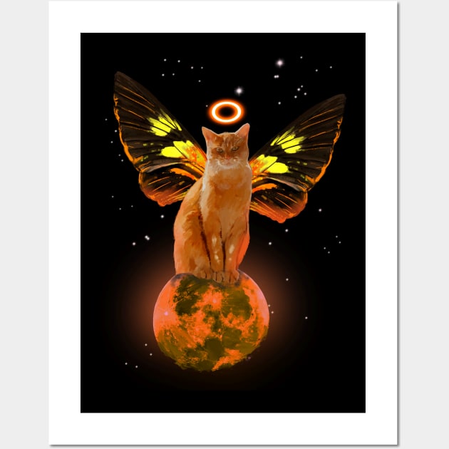 Cat in galaxy riding moon Wall Art by Miftahul